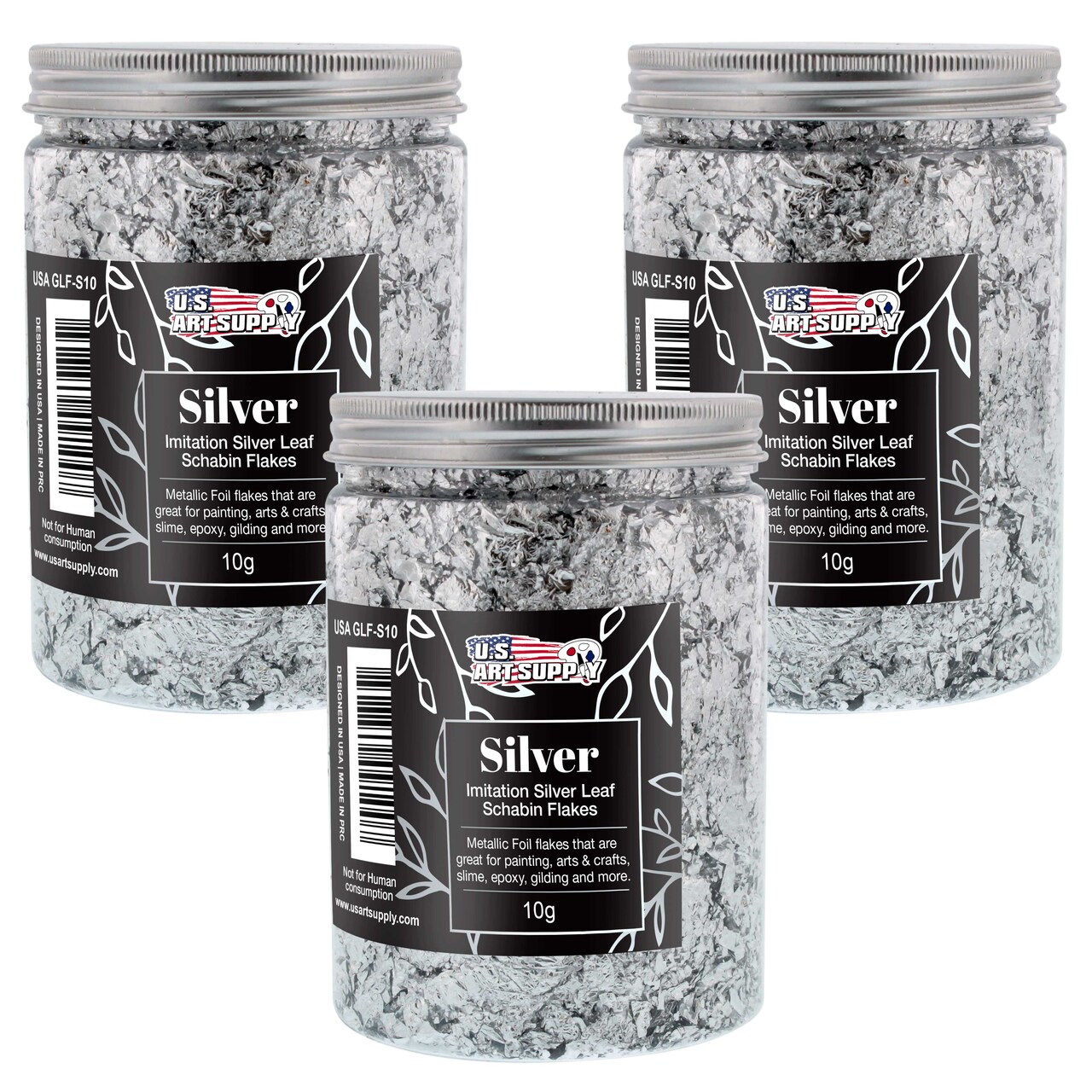 Metallic Foil Schabin Gilding Flakes (3 Pack), Imitation Silver 10 Gram Bottles - Metal Leaf Foil Flakes for Resin, Nails, Crafts, Painting, Jewelry, Slime